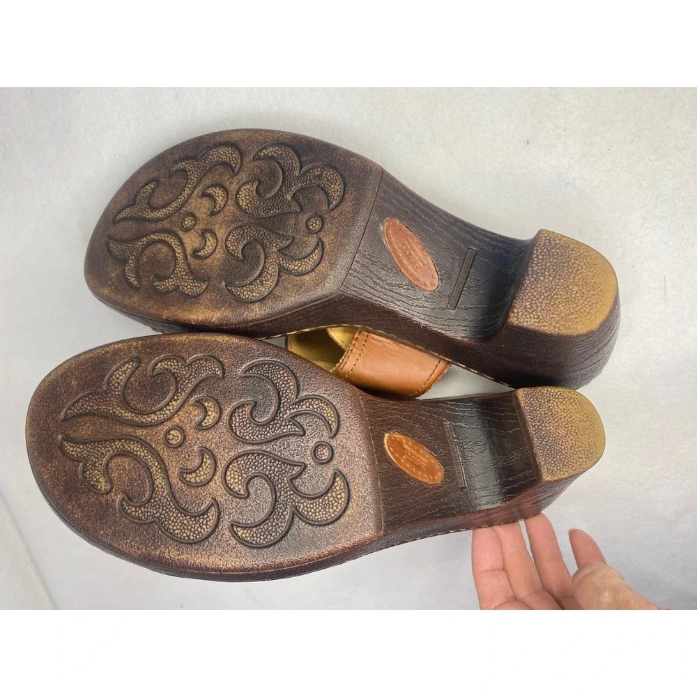 Born Slide Sandals Womens 9 Brown Leather Wedge Adjustable Straps cottagecore‎